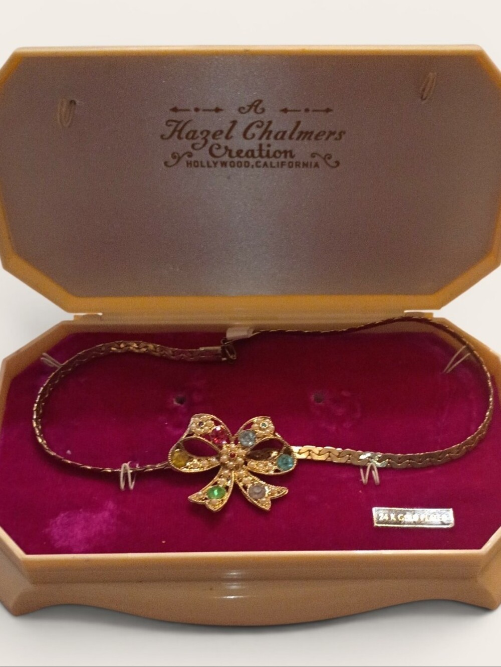 Vintage Hazel Chalmers 24K Gold Plated Necklace with Multicolor Gem Bow Pendant